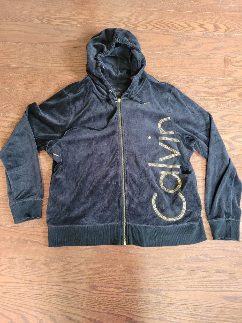 Calvin Klein Women 1X Black Velour Full Zip Hoodie Gold Rhinestone Logo/ Zipper